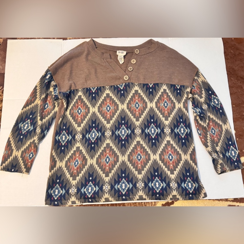 BiBi Clothing Brown Aztec Print V Neck Long Sleeve Sweater